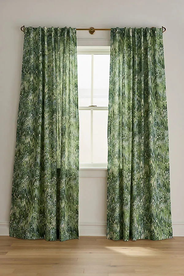 Marbled Print Woven Curtain - Green, Cotton by Anthropologie