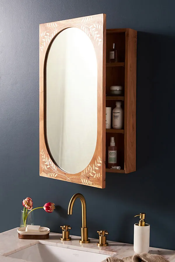 Marta Acacia Wood Mirrored Wall Cabinet - Beige by Anthropologie