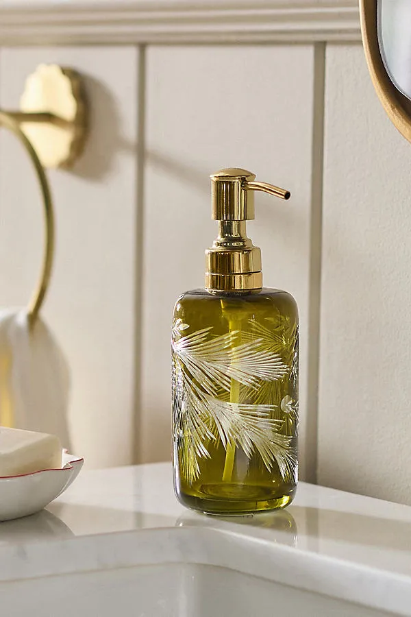 Mistletoe Carved Glass Soap Pump - Green by Anthropologie