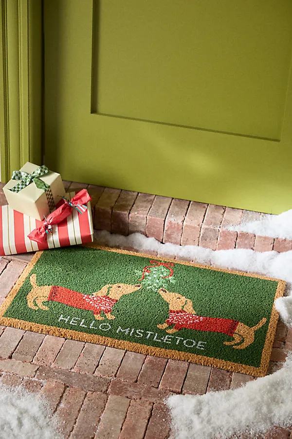 Mistletoe Dachshund Coir Printed Doormat - Green by Anthropologie