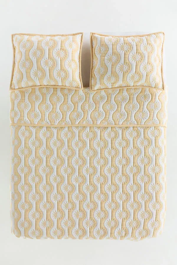 Nelly Embroidered Sun Double Quilted Bedspread - Yellow, Polyester/Cotton product