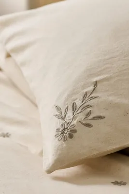 Olivia King Floral Embroidered Duvet - Beige, Cotton/Linen by Anthropologie, image 2