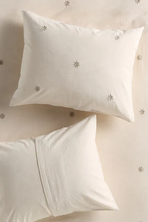 Olivia Queen Pillowcases Set of 2 Floral Embroidered - Beige, Cotton-Linen product