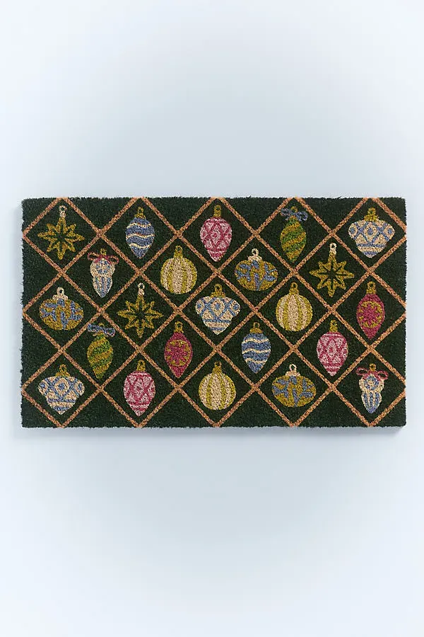 Ornament Grid Printed Doormat - Green, Coir by Anthropologie
