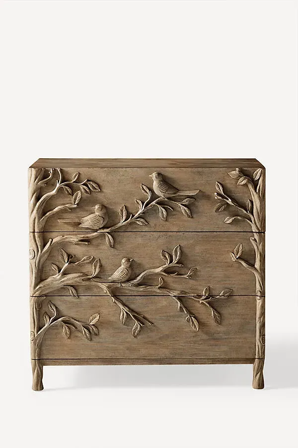 Ornithology Handcarved 3-Drawer Dresser - Beige by Anthropologie