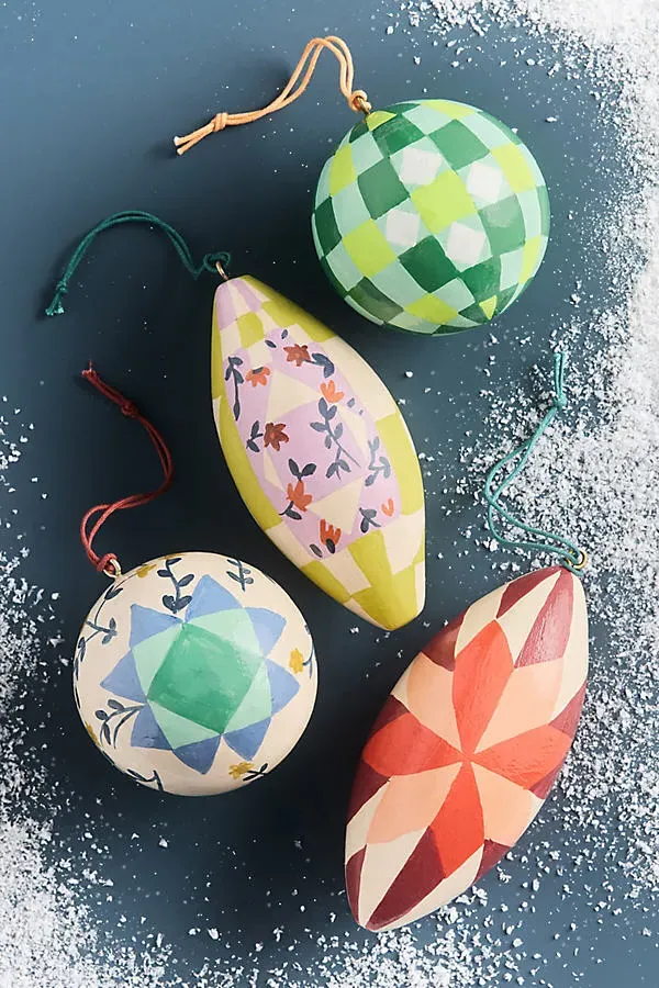 Paper Mache Quilted Bauble Ornament Set of 4 - Green by Anthropologie