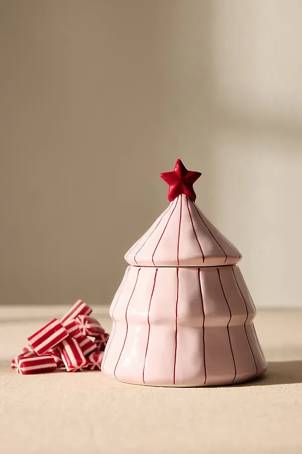 Pink Stripe Tree Jar with Lid by Anthropologie