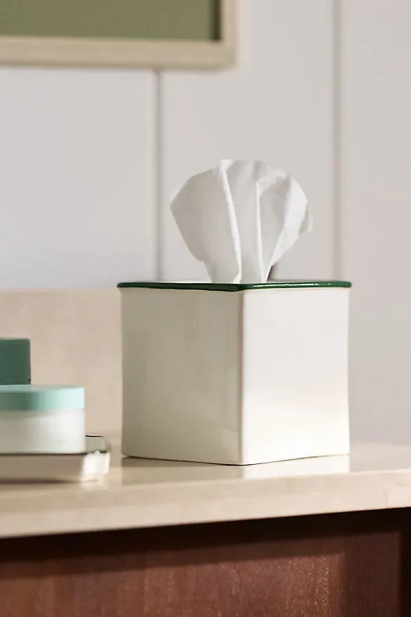 Piper Tipped Square Tissue Box Cover - Green, Stoneware by Anthropologie