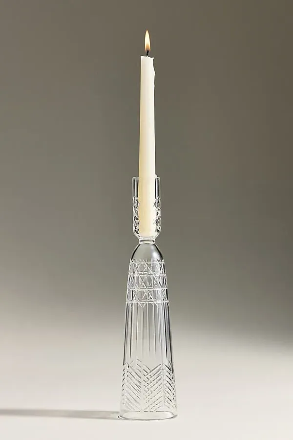 Pressed Glass Etched Taper Candle Holder - Clear, Borosilicate Glass by Anthropologie
