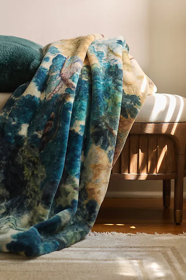Printed Faux Fur Pattern Throw - Blue, Polyester by Anthropologie