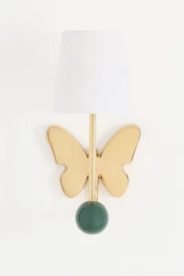 Quinn Butterfly Brass Shaded Sconce - Green, Cotton product