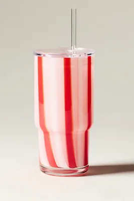 Ribbon Stripe Glass Tumbler with Lid - Pink, Acrylic by Anthropologie, alternate view