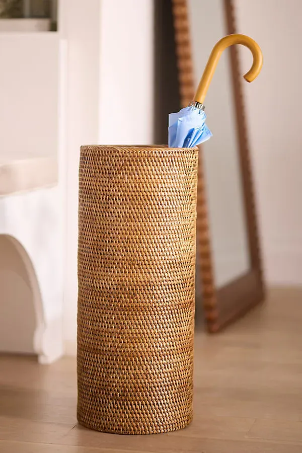 Round Umbrella Basket with Drip Tray - Brown, Rattan product