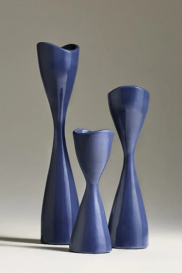 Ruby Clay Veda Hourglass Taper Candle Holder - Blue, Ceramic by Anthropologie