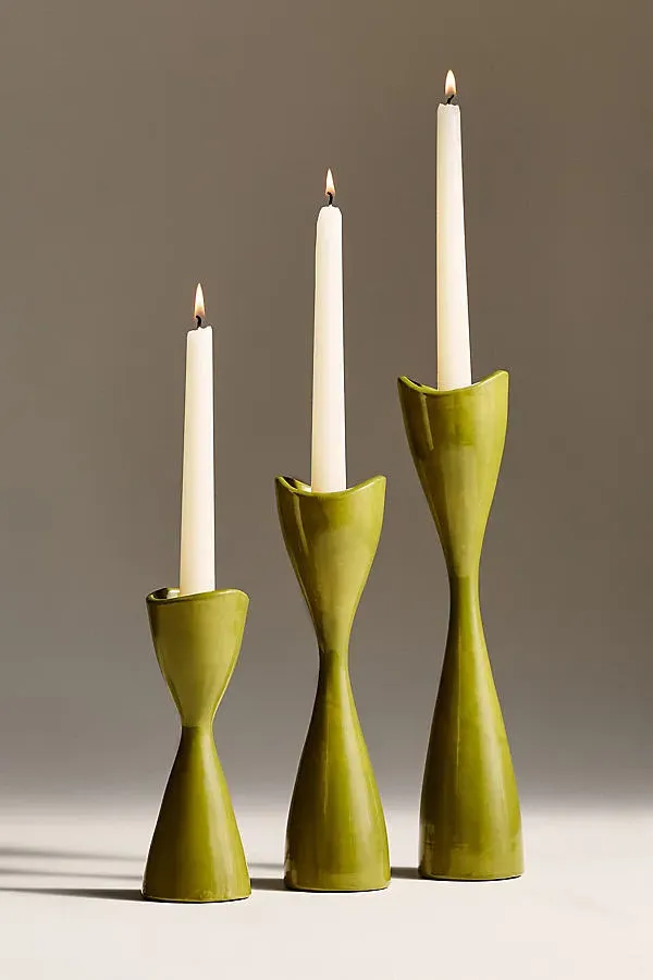 Ruby Clay Veda Hourglass Taper Candle Holder - Green, Ceramic by Anthropologie