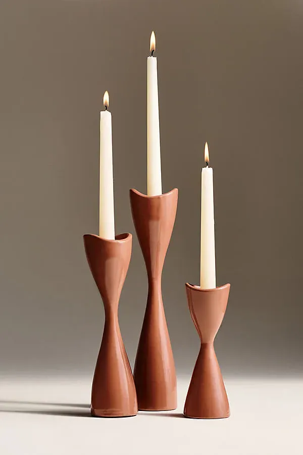 Ruby Clay Veda Hourglass Taper Candle Holder Medium - Brown, Ceramic by Anthropologie