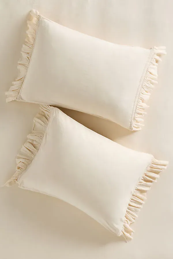 Ruffled Organic Sateen Pillowcase Set of 2 - White, Cotton product