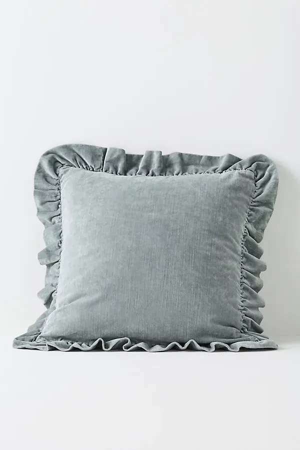 Ruffled Velvet Rectangular Throw Pillow - Blue, Cotton/Rayon by Anthropologie