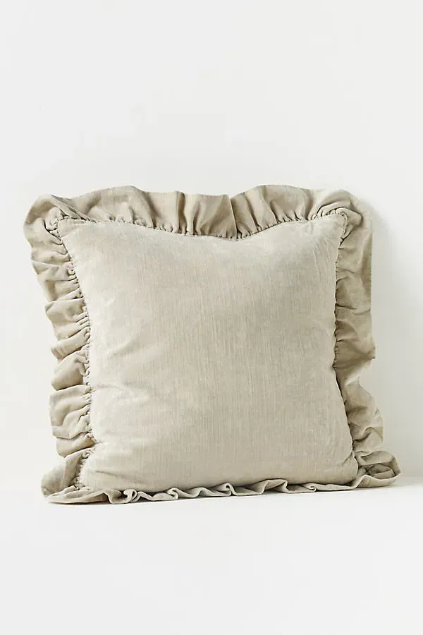 Ruffled Velvet Rectangular Throw Pillow - Green, Cotton/Rayon by Anthropologie