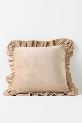Ruffled Velvet Square Throw Pillow - Beige, Cotton/Rayon by Anthropologie, alternate view