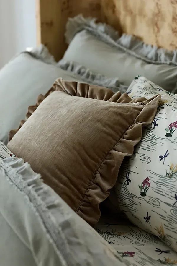Ruffled Velvet Square Throw Pillow - Beige, Cotton/Rayon by Anthropologie