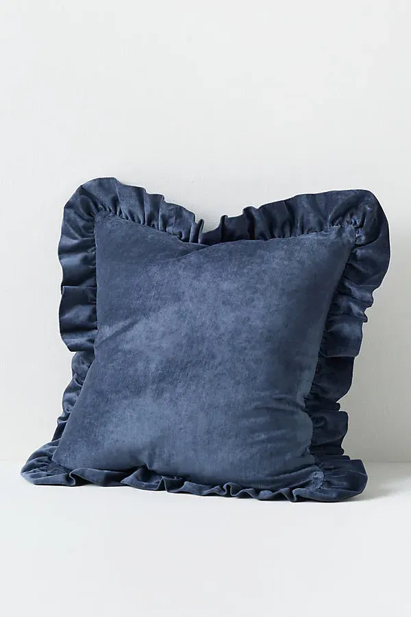 Ruffled Velvet Square Throw Pillow - Blue, Cotton/Rayon by Anthropologie