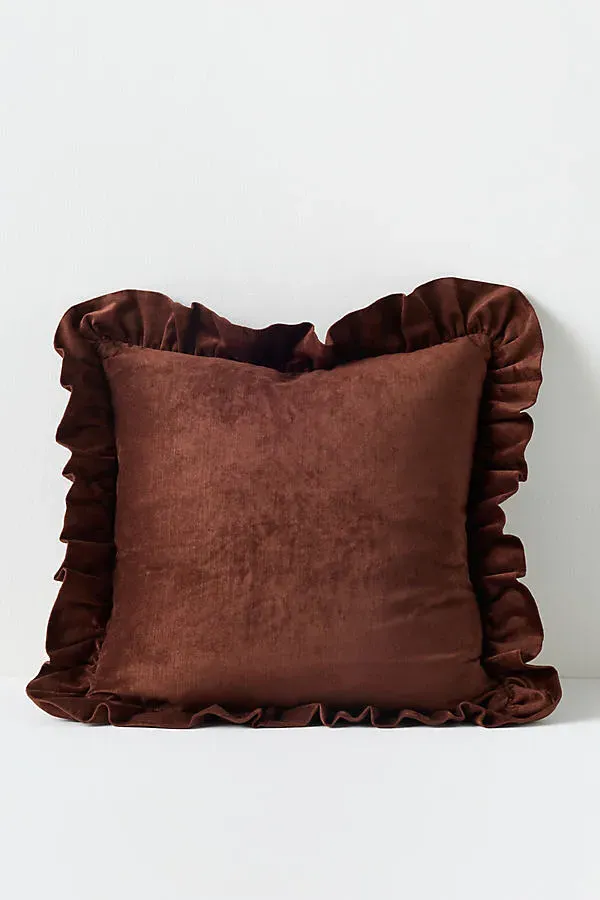 Ruffled Velvet Throw Pillow - Brown, Cotton/Rayon by Anthropologie