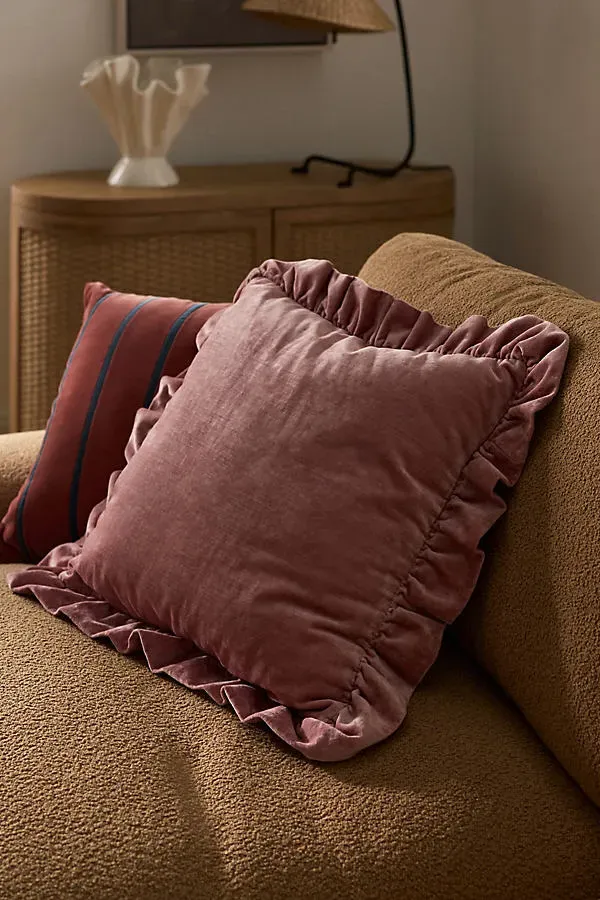 Ruffled Velvet Throw Pillow - Pink, Cotton/Rayon by Anthropologie