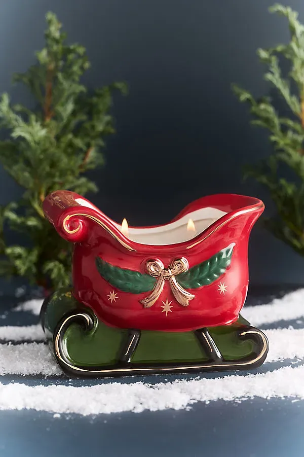 Santa's Sleigh Journey To The Alps Ceramic Candle - Red by Anthropologie