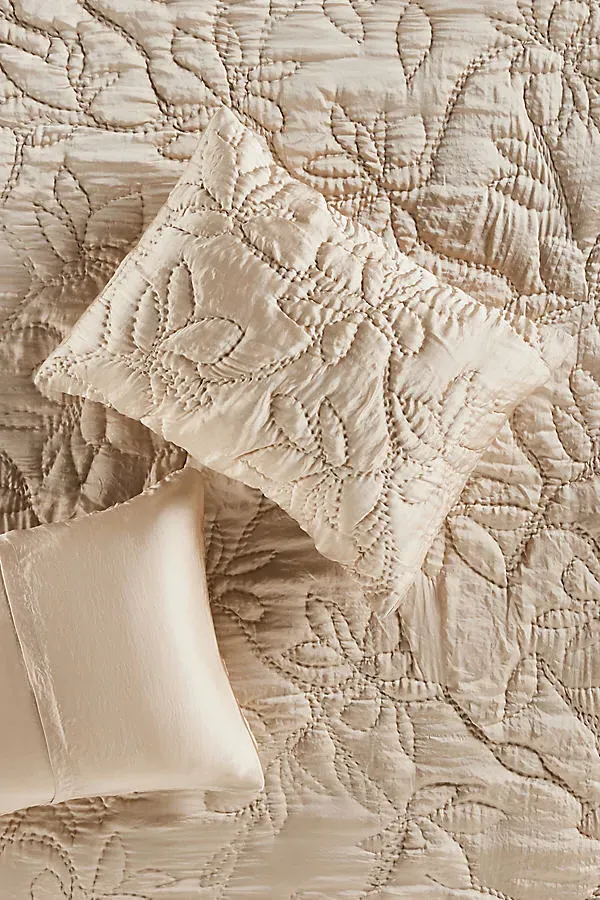 Silken Floral Stitched Pillow Shams Set of 2 Queen - Ivory, Polyester/Cotton product