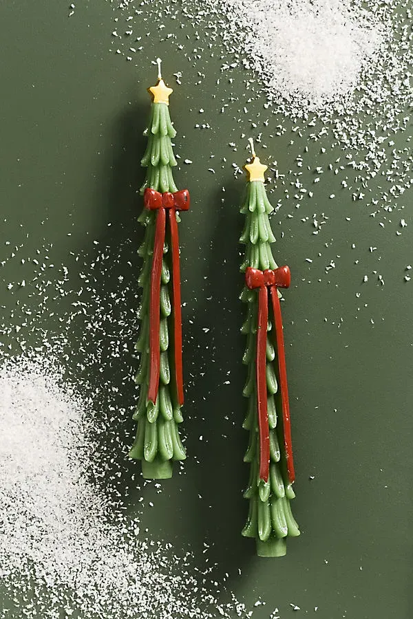 Snowed In Tree Shaped Wax Taper Candles Set of 2 - Green by Anthropologie