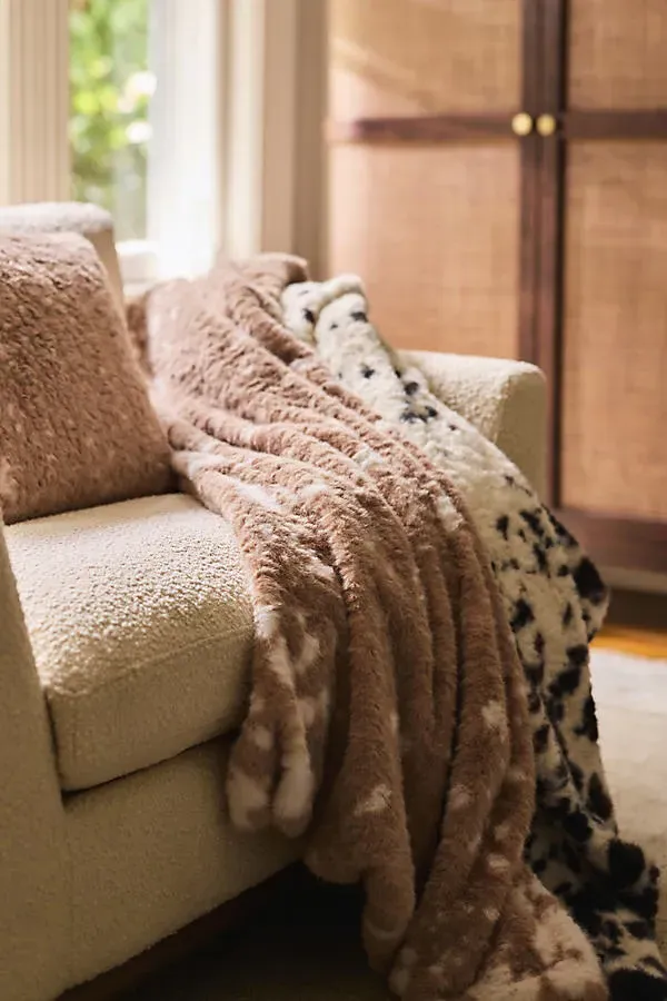 Speckle Printed Faux Fur Throw - Beige, Polyester by Anthropologie