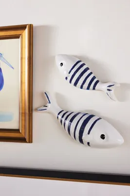 Stripe Fish Ceramic Wall Charms Set of 2 - Blue by Anthropologie, alternate view