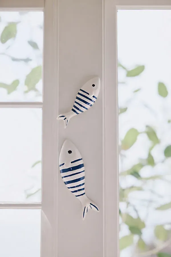 Stripe Fish Ceramic Wall Charms Set of 2 - Blue by Anthropologie