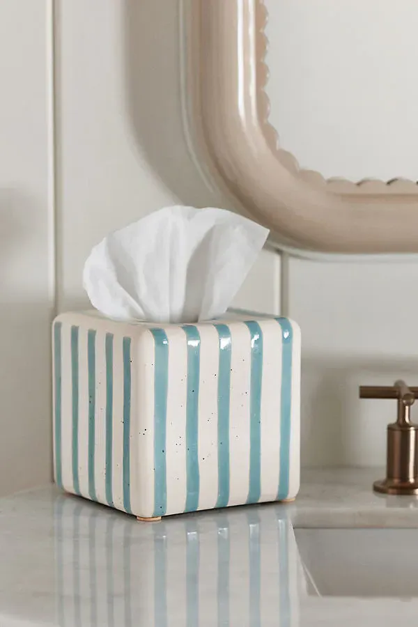 Striped Ceramic Tissue Box Cover - Blue by Anthropologie