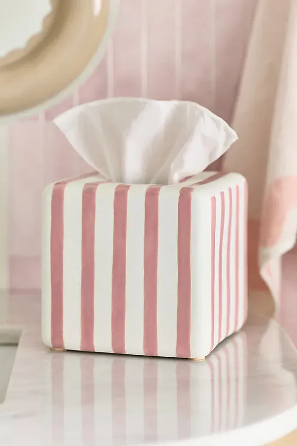 Striped Ceramic Tissue Box Cover - Pink by Anthropologie