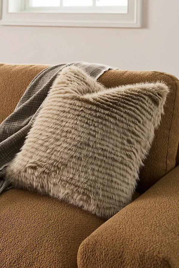 Striped Faux Fur Throw Pillow - Beige, Polyester by Anthropologie