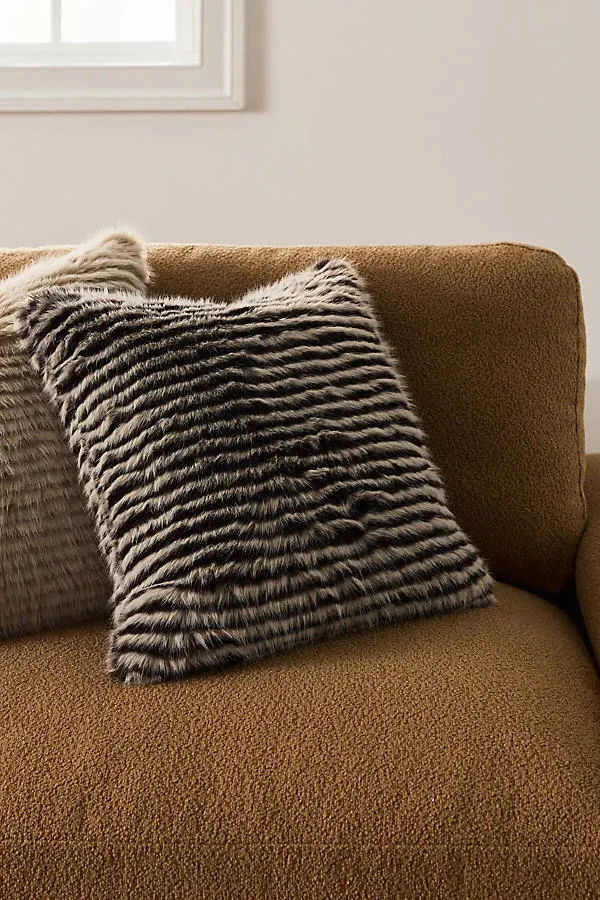 Striped Faux Fur Throw Pillow - Black, Polyester by Anthropologie