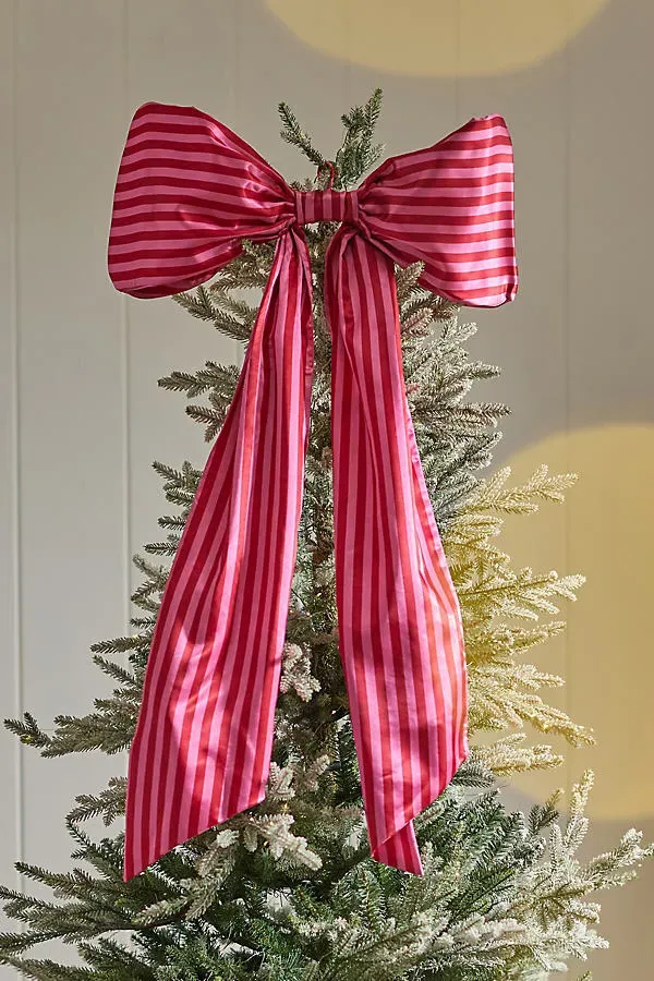 Striped Satin Bow Tree Topper - Pink, Polyester by Anthropologie