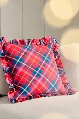 Tartan Cotton Embroidered Ruffle Pillow product