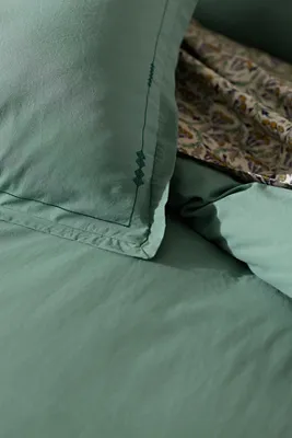 Taylor California King Size Duvet with Embroidered Edges - Green, Organic Cotton Percale by Anthropologie, image 2