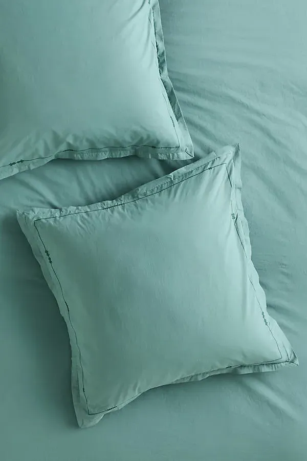 Taylor Euro Sham Embroidered - Green, Organic Cotton Percale by Anthropologie