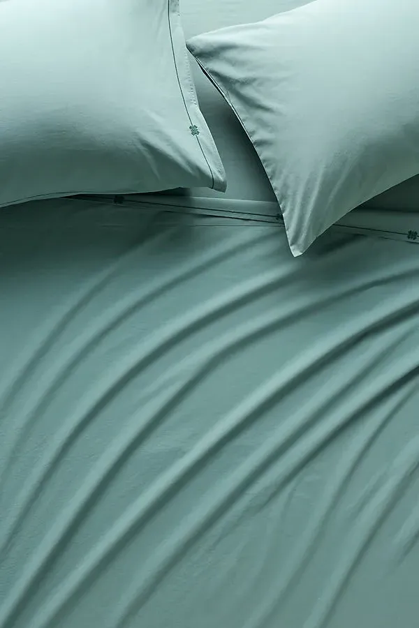 Taylor King Size Embroidered Sheet Set - Green, Organic Cotton Percale by Anthropologie