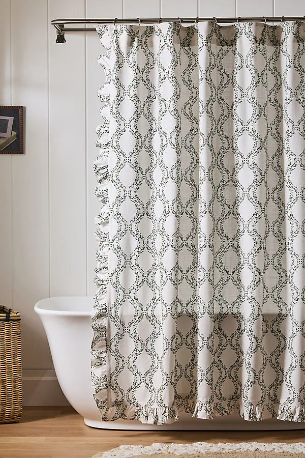 Tree Trellis Cotton Printed Ruffle Shower Curtain - Green by Anthropologie