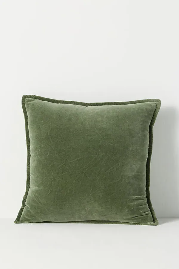 Trova Cushion - Green, Velvet, Linen by Anthropologie