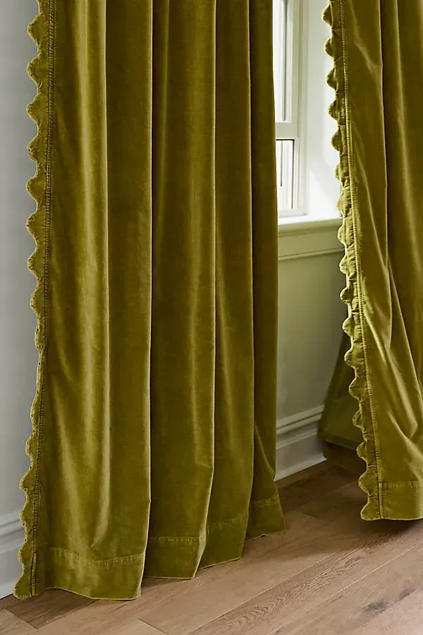 Trova Velvet Scalloped-Edge Curtain - Green, Cotton alternate view