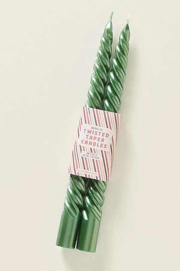 Twisted Pearlized Taper Candles Set of 2 - Green, Paraffin Wax by Anthropologie