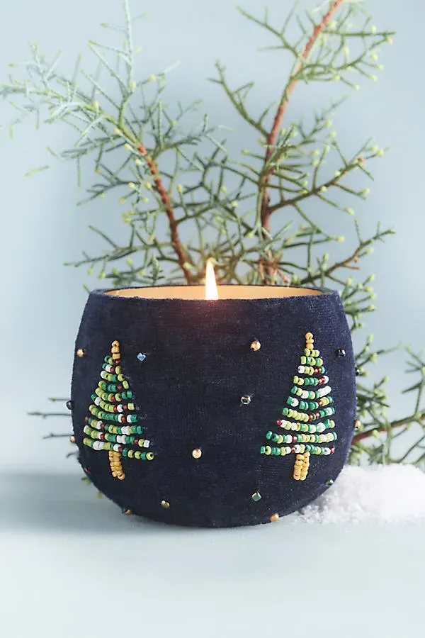Velvet Trees Frosted Garland Medium Glass Candle - Blue by Anthropologie