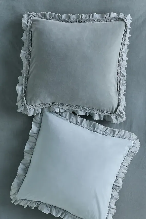 Victoria Cotton Velvet Ruffle Euro Sham - Blue by Anthropologie