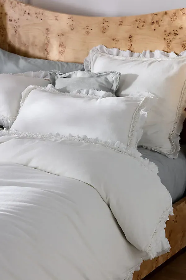 Victoria King Size Duvet Cover with Ruffle Trim - Ivory, Cotton Velvet by Anthropologie